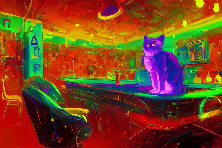 Prompt: a digital art of a cat sits on a chair in a luminous disco bar, animal, light effect, highly detailed, by anton fadeev