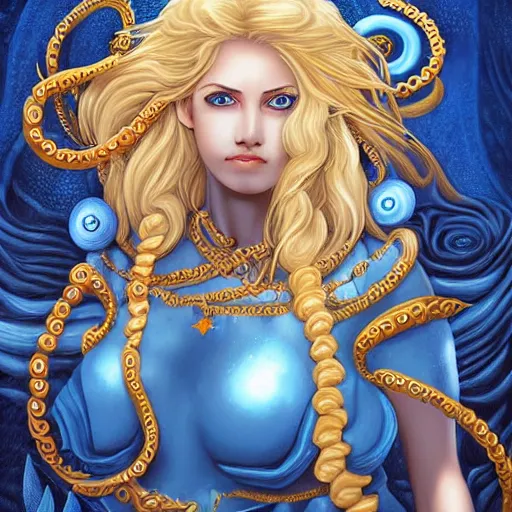 Image similar to kali is a goddess, she has blonde hair and blue eyes, and has the ability to form tentacles. 8 k fantasy art, highly detailed and intricate illustration