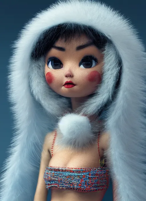 Image similar to closeup profile portrait of tin toy bjork eskimo igloo bikini, depth of field, zeiss lens, detailed, symmetrical, centered, fashion photoshoot, by nicoletta ceccoli, mark ryden, lostfish, breathtaking, 8 k resolution, extremely detailed, beautiful, establishing shot, artistic, hyperrealistic, octane render