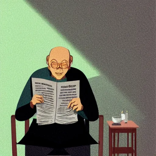 Image similar to old balding japanese man with white shirt, sitting on a chair and reading newspaper while looking at the ceiling of his room with contrastic green lighting by fujita goro, atey ghailan, tom whalen