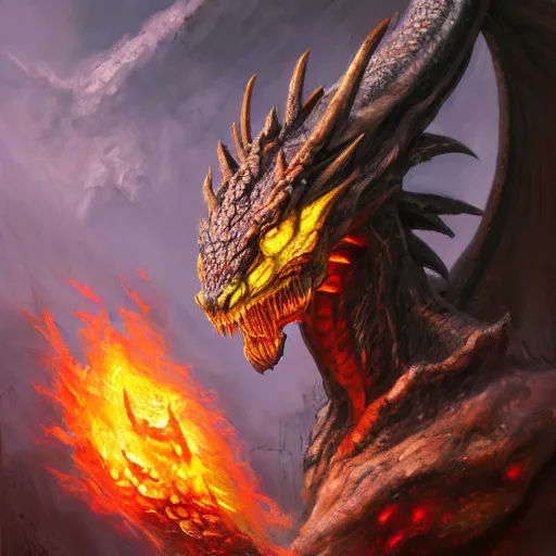 Image similar to oil painting of dragon forest, dnd character, fantasy, realistic textured skin, balrog head, glowing eyes, sharp focus, artgem, boris valejo, frank frazetta, heavy metal style, trending on artstation, digital painting, julie bell, beautiful, very detailed,
