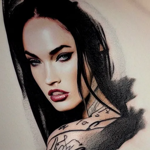 Image similar to megan fox beautiful mountains double exposure effect, medium sized tattoo sketch, amazing detail, on pinterest