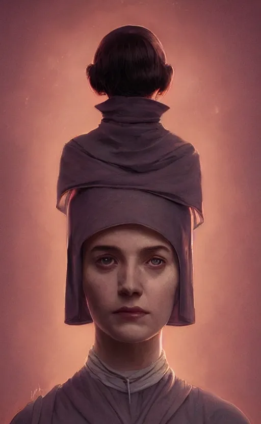 Image similar to portrait of a dystopian woman wearing an outfit inspired by the handmaid ’ s tale ( 2 0 1 7 ), intricate, headshot, highly detailed, digital painting, artstation, concept art, sharp focus, cinematic lighting, digital painting, art by artgerm and greg rutkowski, alphonse mucha, cgsociety