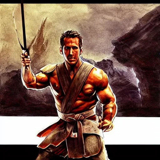 Prompt: ryan reynolds as a d & d monk martial artist, by simon bisley