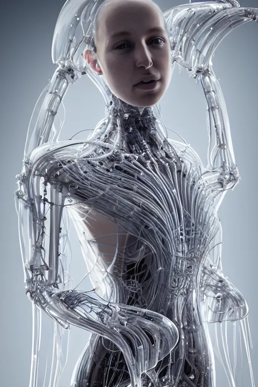 Image similar to iris van herpen, young woman beautiful face, perfect symmetrical body, full body shot, inflateble shapes, wires, tubes, veins, jellyfish, white biomechanical details, wearing epic bionic cyborg implants, masterpiece, intricate, biopunk, vogue, highly detailed, artstation, concept art, cyberpunk, octane render