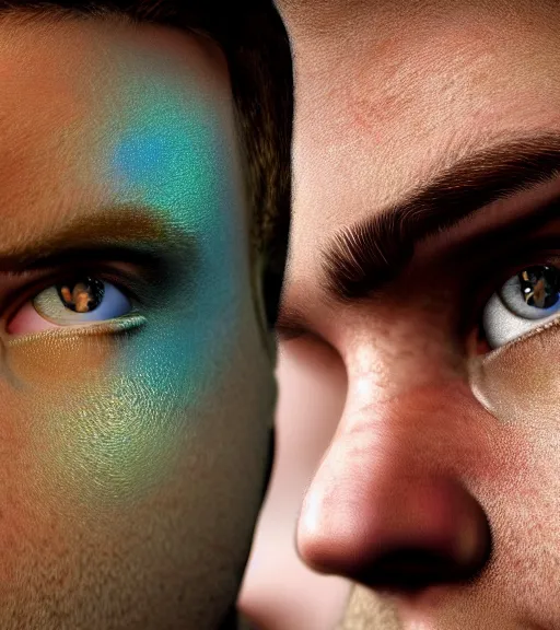 Image similar to photo realistic render of the most handsome young man in the world, he is seductive, beautiful, perfect and has multicoloured eyes that shine