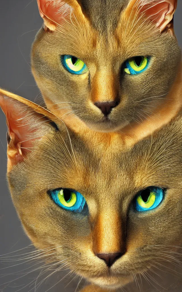 Prompt: Bastet sublime cat goddess Egyptian aesthetic yellow gold eyes blue fur, fine oil portrait of Bast cat goddess, chromatic aberration