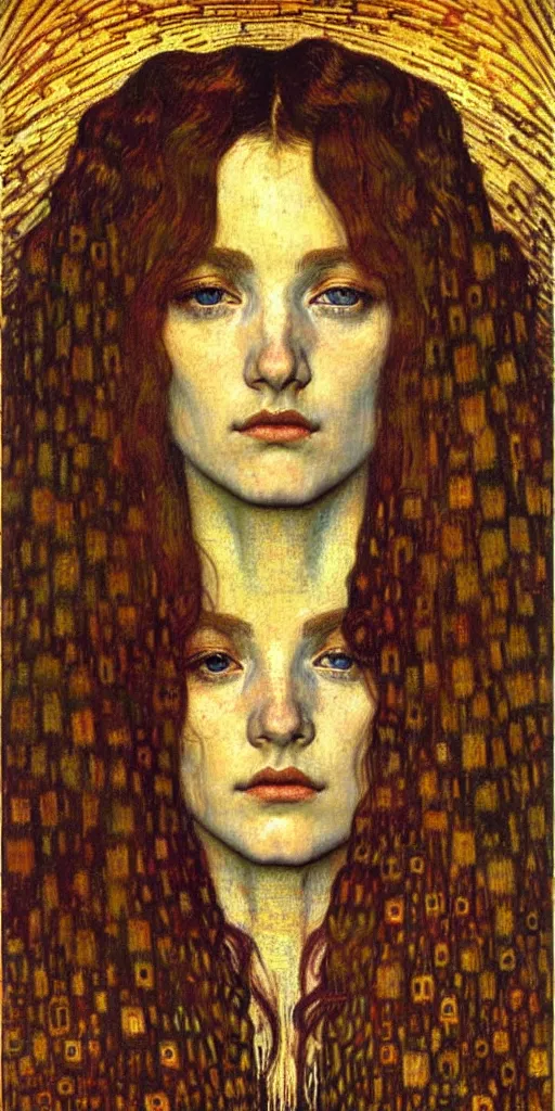 Image similar to detailed realistic beautiful young medieval queen face portrait by jean delville, gustav klimt and vincent van gogh, art nouveau, symbolist, visionary, gothic, pre - raphaelite, muted earthy colors, desaturated