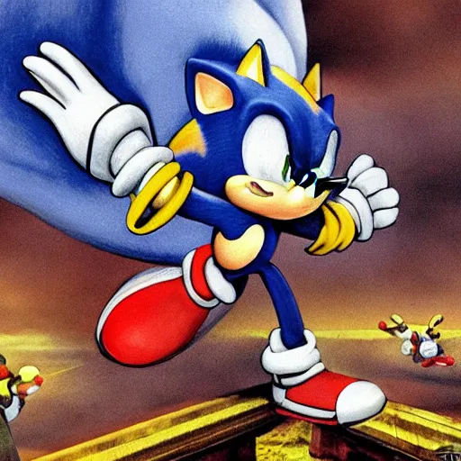 Image similar to hyper realistic Sonic the Hedgehog commit war crimes in Yugoslavia in 1998, military chronicle, realistic, in style of Francisco Goya , dark art, ray tracing, smooth