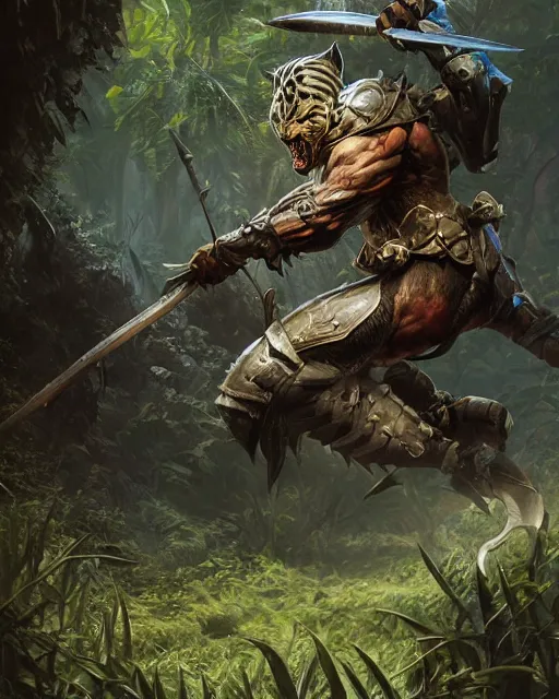 Image similar to Panther warrior in armor sneaking in jungle, portrait, magic the gathering artwork, D&D, fantasy, cinematic lighting, centered, symmetrical, highly detailed, digital painting, artstation, concept art, smooth, sharp focus, illustration, volumetric lighting, epic Composition, 8k, art by Akihiko Yoshida and Greg Rutkowski and Craig Mullins, oil painting, cgsociety