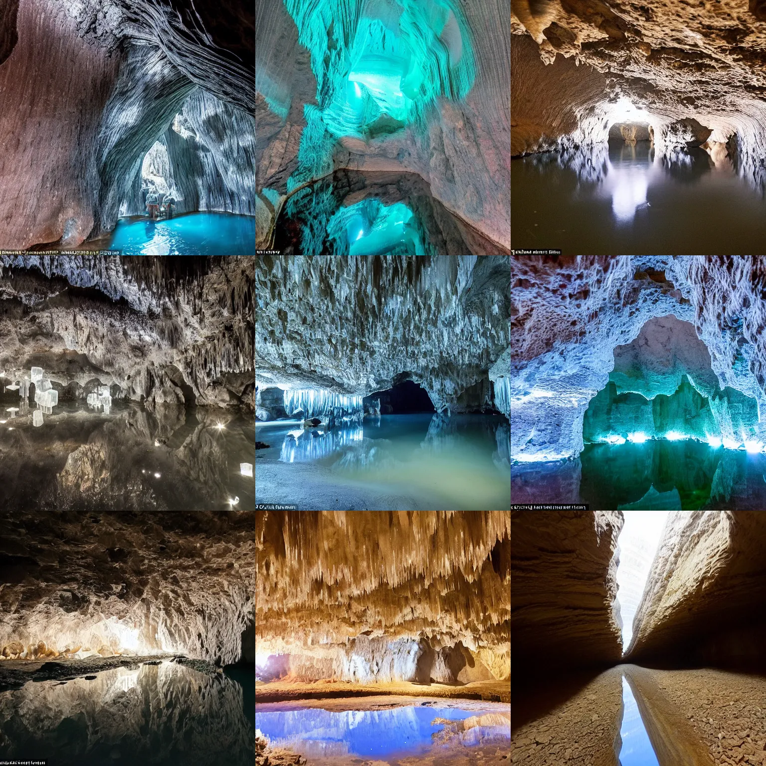 Prompt: an extremely large cave, brightly lit, filled with long and slender quartz crystal formations, puddles of water