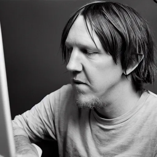 Image similar to elliott smith using a computer, ultra realistic, 8 k, photorealistic