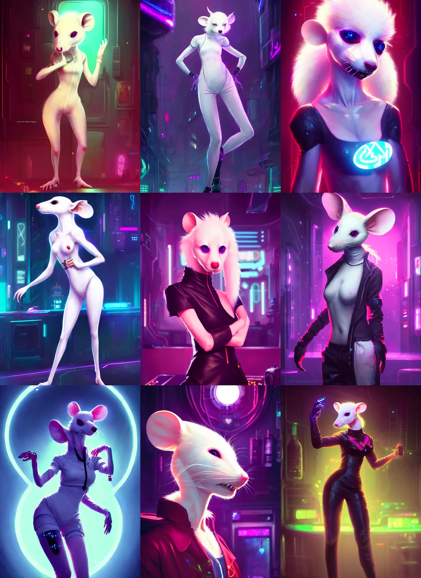 Image similar to beautiful portrait of a female anthropomorphic albino mouse fursona wearing cyberpunk clothes in a cyberpunk dance club. character design by disney, charlie bowater, ross tran, artgerm, and makoto shinkai, detailed, soft lighting, rendered in octane