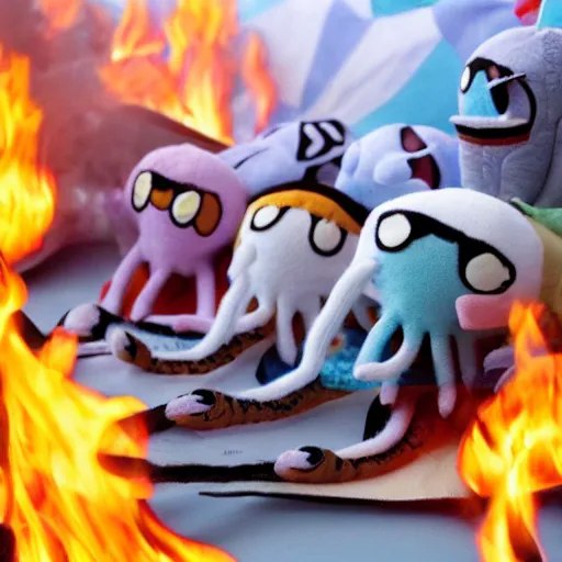 Prompt: a showcase of various squid plushies covered on fire