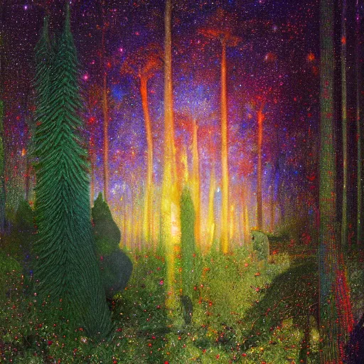 Image similar to psychedelic lush pine forest, outer space, milky way, amber eyes cat eyes designed by arnold bocklin, jules bastien - lepage, tarsila do amaral, wayne barlowe and gustave baumann, cheval michael, trending on artstation, star, sharp focus, colorful refracted sparkles and lines, soft light, 8 k 4 k