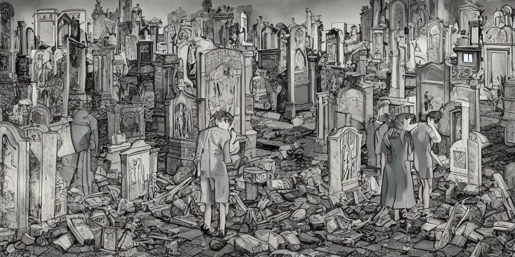Prompt: full page comic book drawings of disturbing cemetery urbex scenes, urban hell on a hot summer night, bold color palette, high contrast, by carel willink and gregory crewdson, moebious, jean giraud, comic book panels, octane render, bewerk anime