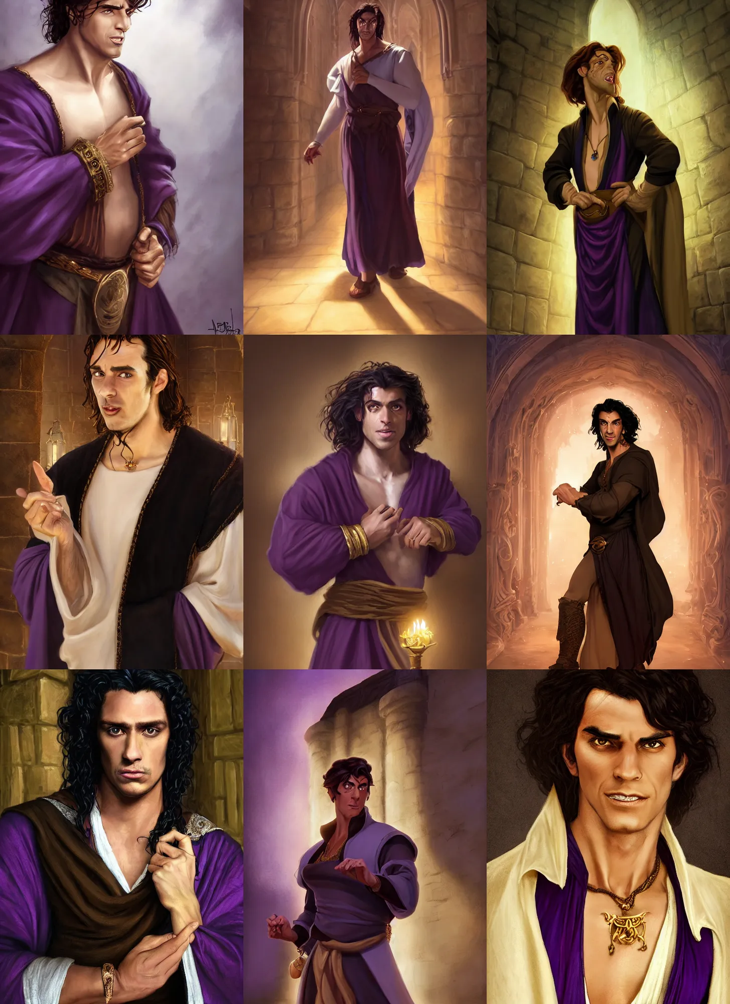 Prompt: a portrait of a male version of esmeralda from hunchback of notre dame, young adult, black elegant hair, white shirt, elegant clothing, handsome, medieval purple garb, he is wearing golden bracelet and jewelry, realistic, style by donato giancola, wayne reynolds, jeff easley dramatic light, high detail, cinematic lighting, artstation, dungeons and dragons