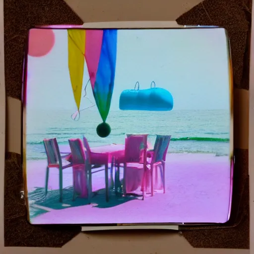 Prompt: a pastel colour high fidelity Polaroid art photo from a holiday album at a seaside with abstract inflatable parachute furniture (((((and spheres))))), all objects made of transparent iridescent Perspex and metallic silver, no people, iridescence, nostalgic