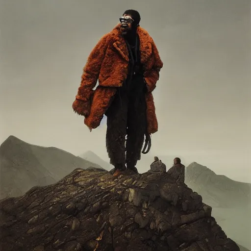 Prompt: Portrait Portrait of Pootie Tang the Guy emerging from poofy tigerskin coat whilst standing atop a cloud-covered mountain peak greg rutkowski dan witz paul klee andrew wyeth tom bagshaw stanton feng bastien lecouffe-deharme tombow oil painting