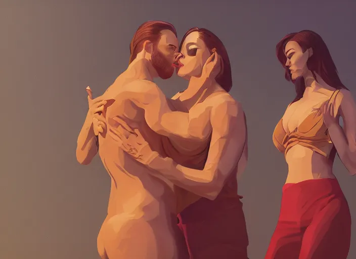 Image similar to couple, man and woman in pose of couple vol 2 photo reference pack for artists, spirit hugs, gold trim, atmoshperic, elegant, sharp focus, red sun, huge lips, poses by satine zillah, environment by hw 6 5 2 3, art by ilya ozornin, artstation, intricate details, concept art