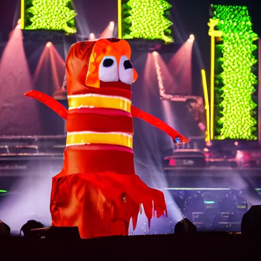 Prompt: Professional photograph of Flume wearing a hotdog costume on stage at EDC