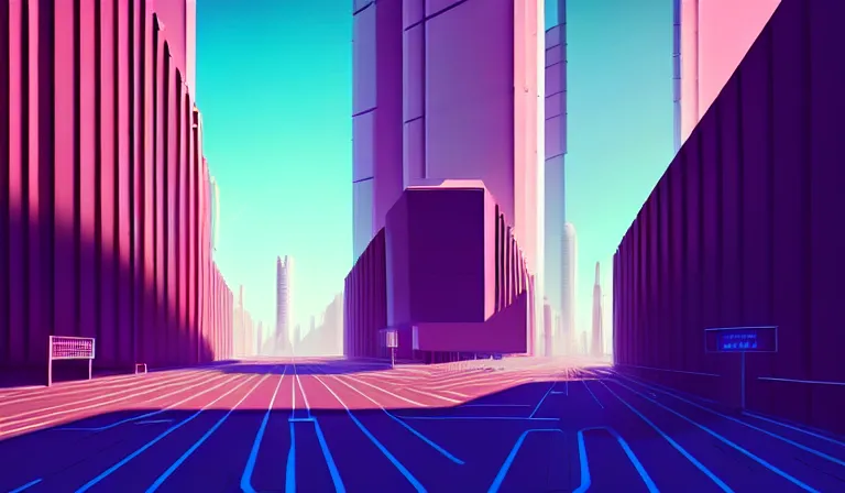 Image similar to a beautiful and immaculate futuristic city. brutalist architecture. view from an alleyway. vector rendering. outrun style. leading lines. vanishing point. trending on artstation. by chris moore. beeple colors.