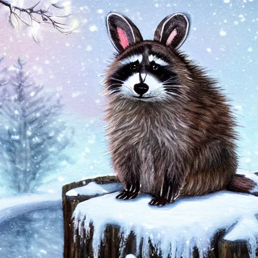 Image similar to cute fluffy hybrid animal cross between raccoon and lop eared bunny rabbit sitting in snowy winter landscape detailed painting 4 k