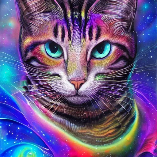 Image similar to a galaxy colored psychedelic chakra awakening kundalini ethereal portrait of a cat, eternal blessing, multiverse, by android jones, by ben ridgeway, visionary art, by artgerm, featured on artstation, cgsociety, by greg rutkowski