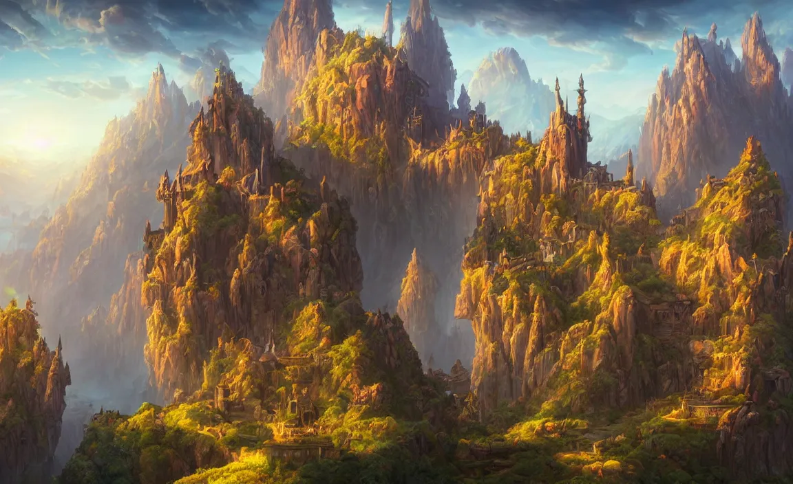 Prompt: an ethereal mountain castle landscape, art by Noah Bradley and Don Bluth and Joe Fenton, cinematic, masterpiece, vibrant vivid colors, stunning architecture, very beautiful, 8k, epic composition, award winning, cinematic, unreal engine, artstation