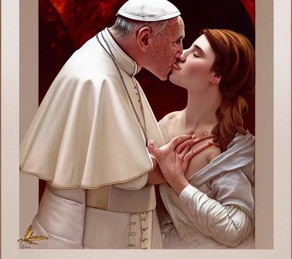 Image similar to photography of a pope kissing the breast of a sensual woman, deep focus, intricate, elegant, highly detailed, digital painting, artstation, concept art, matte, sharp focus, illustration, art by artgerm and greg rutkowski and alphonse mucha