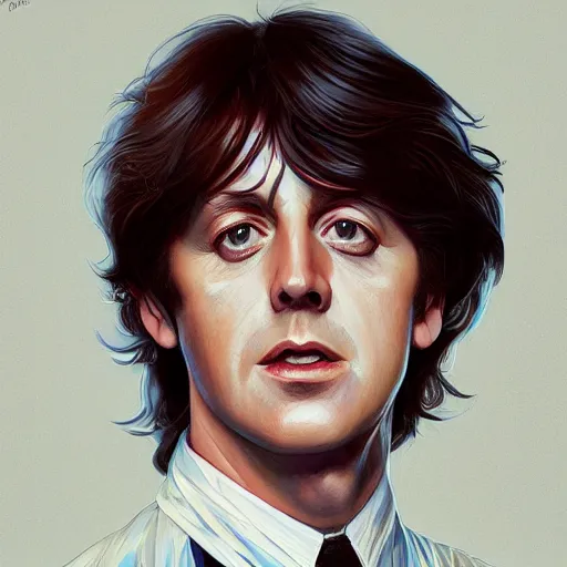 Image similar to Steven Moriseey as Paul McCartney, body portrait, highly detailed, digital painting, artstation, concept art, sharp focus, illustration, art by WLOP and greg rutkowski and alphonse mucha and artgerm