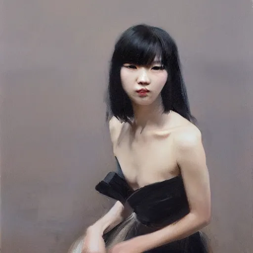 Prompt: portrait of a beautiful korean girl with long hair and bangs wearing a men's tuxedo, angular features, oil on canvas, elegant pose, masterpiece, Jonathan Yeo painting