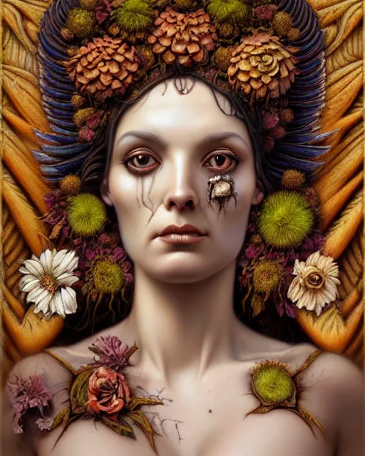 Image similar to portrait of the goddess of decay, unusual beauty, flowers and plants, emotionally evoking symbolic metaphors, head in focus, fantasy, ornamental, intricate, elegant, sensual, highly detailed digital painting, artstation, concept art, painterly, golden ratio, sharp focus, illustration, art by John William Godward and Boris Vallejo and Zdzisław Beksiński,