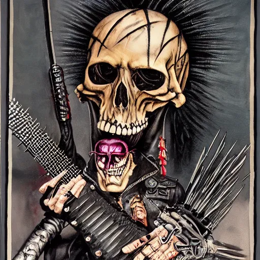 Prompt: a portrait of the grim reaper as a punk rocker, punk, skeleton face, mohawk, dark, fantasy, leather jackets, spiked collars, spiked wristbands, piercings, boots, guitars, motorcycles, ultrafine detailed painting by frank frazetta and vito acconci and takeshi obata, detailed painting