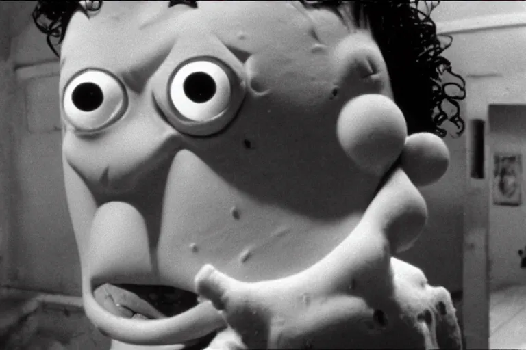 Image similar to eraserhead in a spongebob episode 35mm photorealistic creature 90s movie horror prop film