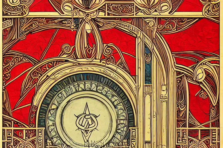 Prompt: symmetrical mural painting from the early 1 9 0 0 s in the style of art nouveau, red curtains, art nouveau design elements, art nouveau ornament, opera house architectural elements, mucha, masonic symbols, masonic lodge, joseph maria olbrich, simple, iconic, masonic art, masterpiece