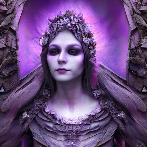 Prompt: a beautiful detailed 3d matte painting of female goddess of the dead, ominous, magical realism, texture, intricate, purple torn fabric, radiant colors, fantasy, trending on artstation, volumetric lighting, micro details, 3d sculpture, ray tracing