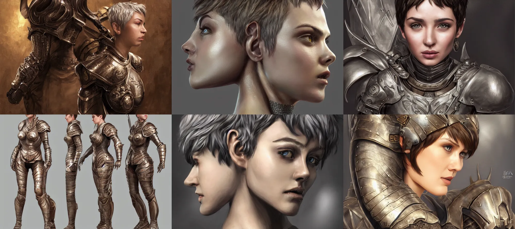 Prompt: hyper detailed 3 d full body character portrait of a woman with a pixie cut and armor, realistically proportioned face, photorealistic eyes, cinematic lighting, good value control, smooth, realistic shading, realistic face details, highly detailed, digital painting, painted texture maps, illustration, substance painter, ultra realistic, very highly detailed, segmented armor