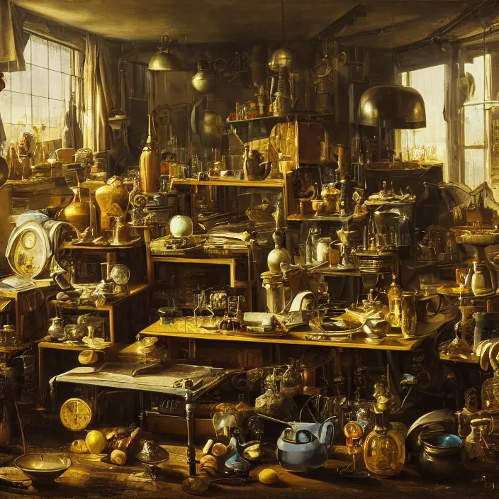 Image similar to still life photo of a cyberpunk junk shop by pieter claesz, oil on canvas, strong lighting, highly detailed, hyper realism, golden hour, god rays, hd, 4 k