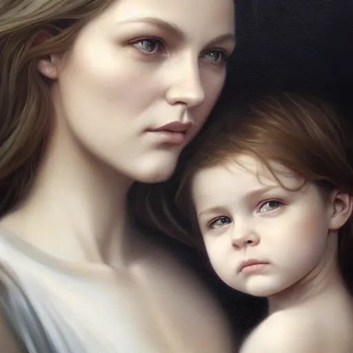 Prompt: pure love is patient love is kind, mother and child ; photorealistic oil painting by charlie bowater and mark brooks ; highly detailed cute faces by wlop ; trending on artstation ; 8 k high resolution, symmetrical, cinematic, high coherence, golden ratio, rule of thirds, perfectly centered ; anatomically correct faces