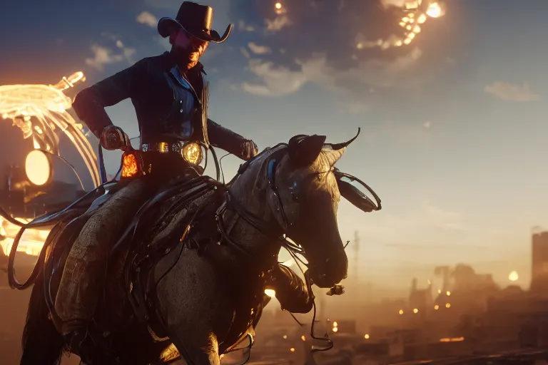 Prompt: photo from shoulder of a led cowboy, riding a led steampunk horse, carrying a big gun, on a futuristic city, cinematic lightning, ray tracing, unreal engine 5, photorealistic, 8 k, uhd, 4 k, red dead redemption 2 game concept, extremely detailed, beautiful, elegant, intricate, foggy, in - game footage