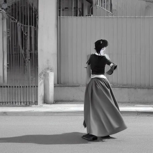 Image similar to An anime of a woman in long skirt dancing on the street by the fence