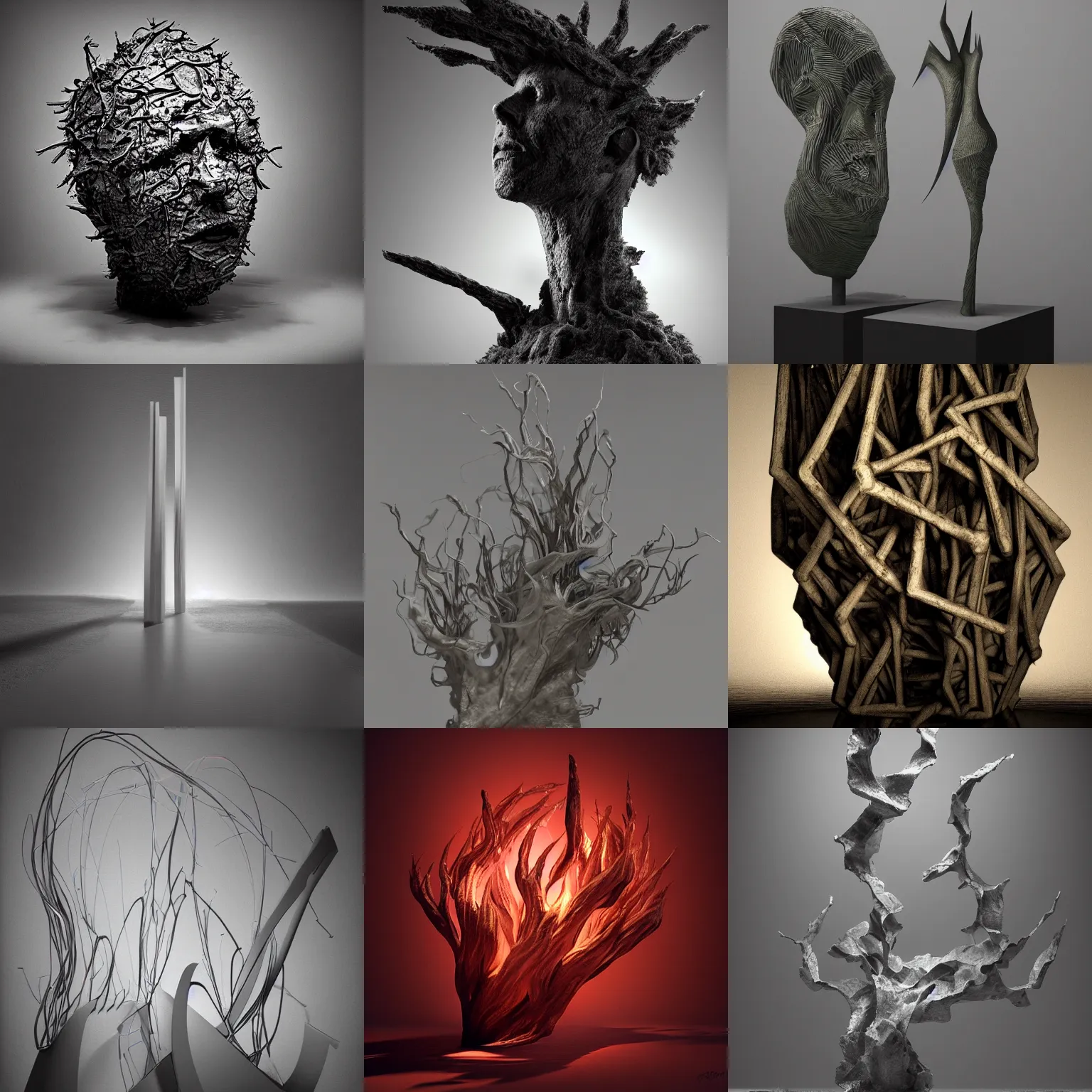 Image similar to rhizomuse, artists impression, cgsociety, abstract sculpture, dramatic intense lighting, deep shadows