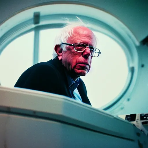 Prompt: Bernie Sanders on a spaceship, cinestill 800t 50mm, 4k, photography