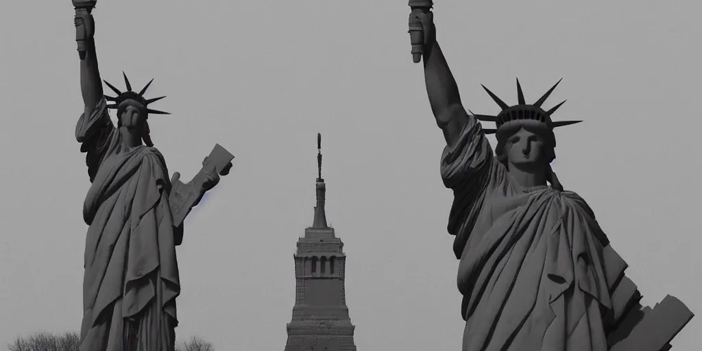 Prompt: new york city soviet version, statue of liberty with hammer and sickle