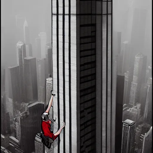 Prompt: a giant gray and red skinny creature climbing a sky - scraper, zoomed in on the creature, grainy footage, first person, eerie, liminal space,