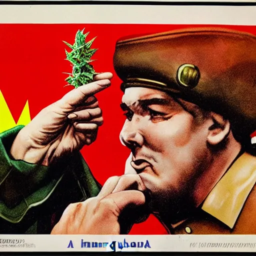 Image similar to a soviet era propaganda poster depicting marijuana