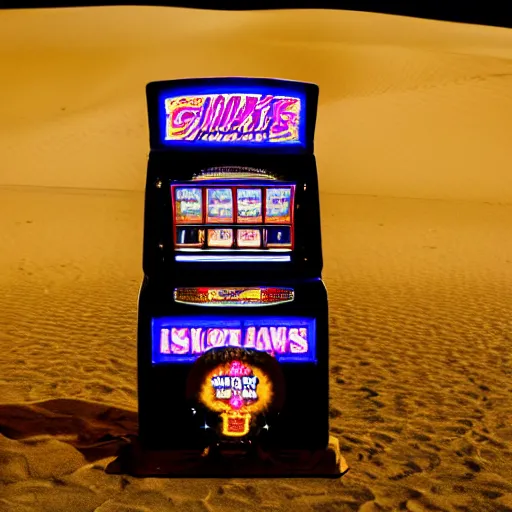 Prompt: a slot machine in the middle of a desert at night, wide shot, liminal space,