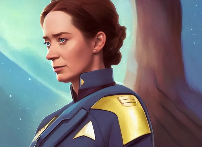 Image similar to a disney film still of emily blunt as a star trek officer, finely detailed features, closeup of the face, perfect art, dusk, blue hour, gapmoe yandere grimdark, trending on pixiv fanbox, painted by greg rutkowski, makoto shinkai, takashi takeuchi, alphonse mucha, akihiko yoshida