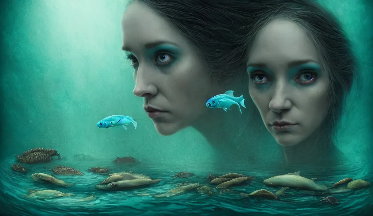 Image similar to epic professional digital art of hungry eyes, ambient teal light, painted, mysterious, closeup cinematic aquatic life scene, eerie, mythic, detailed, intricate, grand, leesha hannigan, wayne haag, reyna rochin, ignacio fernandez rios, mark ryden, van herpen, artstation, cgsociety, epic, stunning, gorgeous, wow wow detail